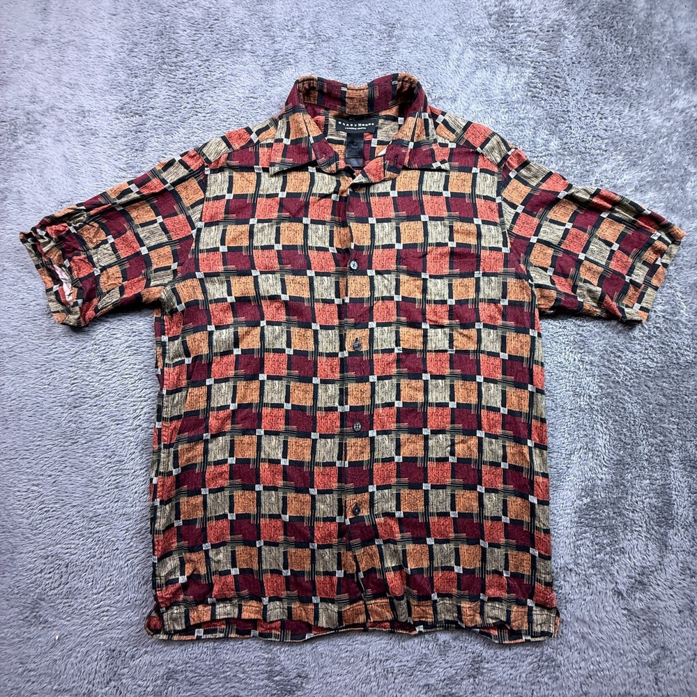 Crazy Horse Liz Claiborne Button Up Artsy Tile Shirt Fall Colors M Rayon Blend